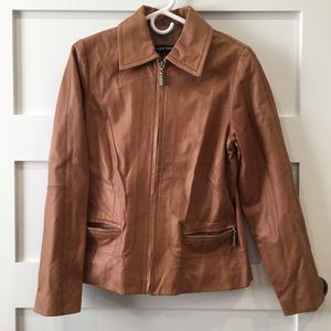 Ellen Tracy leather coat brown small zip up